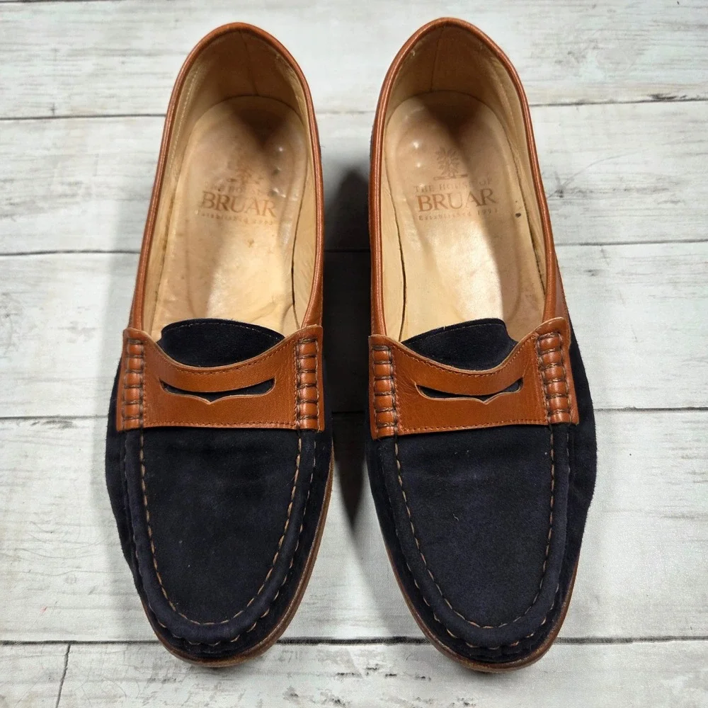 House of Bruar Penny Loafers Men 6 Navy Tan Suede Leather‎ Two Tone Scotland